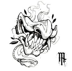 a black and white drawing of a demon skull with fangs on it's face