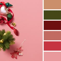 the color scheme is red, green, and pink with ornaments on it's side