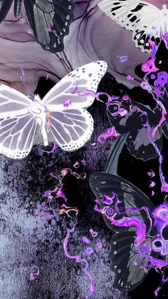 two white butterflies flying next to each other on a black and purple background with pink swirls