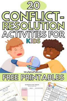 Title 20 Conflict-resolution activities for kids. Pin shows an illustration of two kids fighting for a ball. And it shows some printables at the bottom of the image announcing they are free downloads Preschool Conflict Resolution, Sibling Conflict Resolution Activities, Kindergarten Conflict Resolution Activities, Conflict Resolution Kindergarten, Peer Conflict Resolution Activities, Conflict Resolution Activities For Kids, Conflict Resolution For Kids, Family Building Activities, Conflict Resolution Activities For Teens