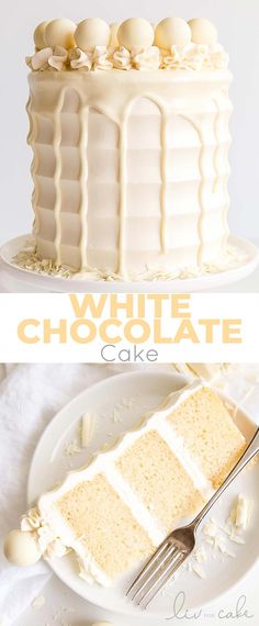 a white chocolate cake on a plate with a fork next to it and the words, white chocolate cake