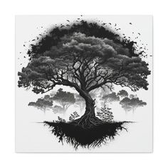 a black and white drawing of a tree