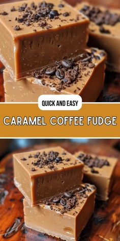 caramel coffee fudge is stacked on top of each other