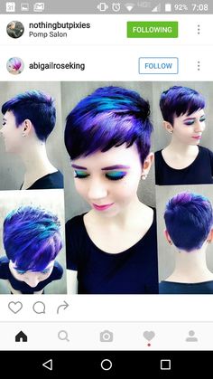 Hair Color Pixie Cut, Purple Pixie Cut, Coloured Pixie Cut, Galaxy Hair Color, Spikey Short Hair, Wild Hair Color, Gradient Hair, Split Dyed Hair, Galaxy Hair