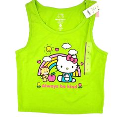 Hello Kitty Always Be Kind Girls T Shirt Sleeveless Summer Tee Size XL Green Glo Stand out with this vibrant green Hello Kitty Always Be Kind T-Shirt. Perfect for summer and spring, this sleeveless tee is made of a comfortable knit fabric that includes polyester, spandex, and cotton. It features a cute scoop neckline, a pullover closure, and fun accents with a Hello Kitty logo that glows in the dark. Your little girl will love the rainbow, teddy, and Hello Kitty characters printed on this T-shir Green Hello Kitty, Hello Kitty Logo, Hello Kitty Characters, Sleeveless Tee, Girls T Shirt, Summer Tee, Vibrant Green, Be Kind, Girls Tshirts