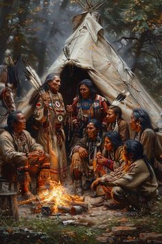 an oil painting of native american indians sitting around a campfire