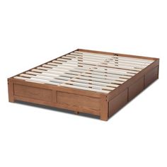 a wooden bed frame with two drawers on each side and one drawer at the end