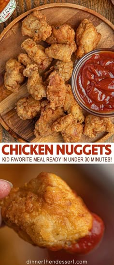 chicken nuggets with ketchup on the side and in a wooden bowl