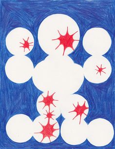 a drawing of snowmen with red and white stars on their faces, in the middle of a blue background