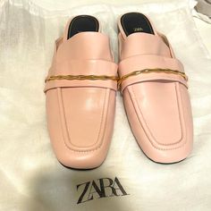 Beautiful Blush Pink. Gold Accent- Brand New - No Tags. Comes With Dust Bag. Perfect Condition Trendy Pink Zara Sandals, Zara Pink Formal Sandals, Zara Pink Pointed Toe Sandals, Zara Pink Open Toe Sandals, Zara Loafers, Luxury Pink Leather Loafers, Zara Shoes, Gold Accents, Loafer Flats