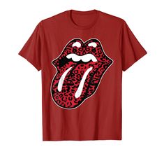 a red shirt with the rolling stones tongue and leopard print on it's chest