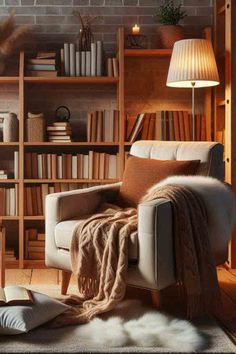 a chair with a blanket on it in front of a book shelf filled with books