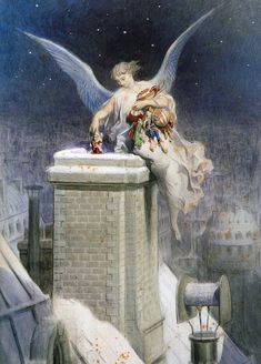 an angel sitting on top of a building