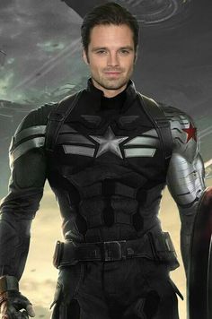 captain america the winter soldier is standing in front of an image of another man holding a shield