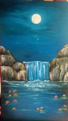 a painting of a waterfall with flowers in the foreground and a full moon above it