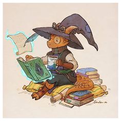 a cartoon character sitting on top of a pile of books and holding a book in his hand