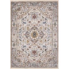 a white rug with an ornate design on the front and back side, in various colors