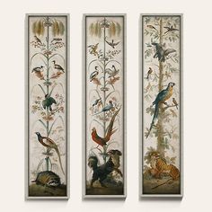 three panels with birds and flowers painted on them