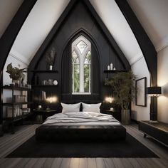 a large bed sitting in the middle of a room under a vaulted ceiling with windows