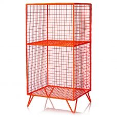 an orange metal cage with two sections on each side and one section in the middle