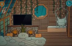 an animated living room with fireplace, tv and plants on the wall next to it