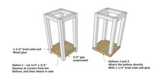 two wooden stands with measurements for each side and the top one is shown in three different sizes