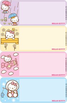 three hello kitty name tags with cartoon characters