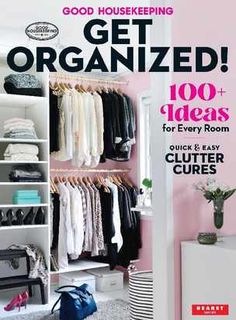 a magazine cover with an open closet and clothes hanging on the shelves in front of it