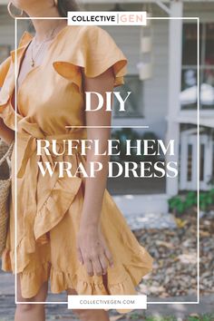 a woman in an orange dress with the words diy ruffle hem wrap dress