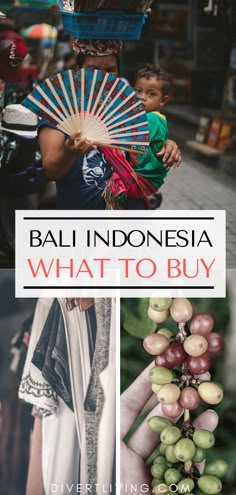 bali, indonesia with text overlay that says what to buy in bali and an image of a woman holding a fan