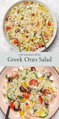 two plates filled with different types of food and the words greek orzo salad on them