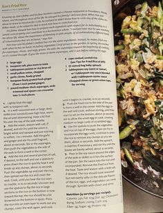 an open cookbook with food in it next to a bowl of rice and vegetables