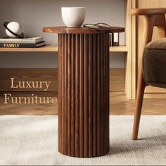 a wooden table sitting on top of a white rug