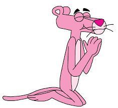 a pink cartoon cat sitting on the ground with its eyes closed and mouth wide open