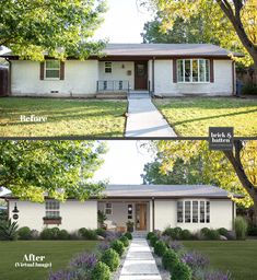 before and after photos of a white house with landscaping in the front yard, from left to right