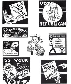 "Looking for vintage political clip art?  Here is a set of nine VOTE illustrations from the 1930s, 1940s, and 1950s.   Voting was as important then as it is now!  Enjoy :) High-Quality 300dpi scans. - this digital download prints each image in 8 1/2\" x 11\" - pdf format  - can be resized using your photo editor - watermark is removed on download Vote Democratic Thank You Vote Republican Vote For a Balanced Budget  Don't Forget to Vote The People's Choice for Fearless, Steadfast Leadership Do Yo 1950s Advertisements, Crochet Baby Booties Pattern, Mid Century Illustration, Retro Ads, Clip Art Vintage, Machine Embroidery Applique, Retro Vibe, Vintage Illustration, Photo Editor