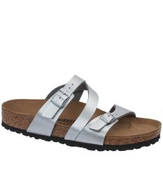 A Fan Favorite! The Salina by Birkenstock in Silver Birko-Flor.   #birkexpress #birkenstockexpress #birkenstock #birkenstocksandals #birkenstockoutfitideas #birkenstockoutfits #newbirkenstocks #birkenstockshoes #birkenstockshoe #birkenstockstyle #silverbirkenstocks #birkenstocksandal #sandalbirkenstock #sandalbirk #silvershoe #silverstraps #silver #metallic #shine #sparkle #lovemybirks #salina Casual Sandals Womens, Birkenstock Florida, Stylish Sandals