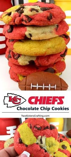 chocolate chip cookies are stacked on top of each other with the football in the background