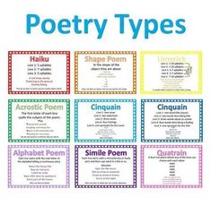 some type of poem that is in different colors and font, with the words poetry types on