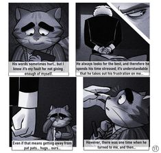 an image of a comic strip with cats talking to each other and one cat looking at the camera