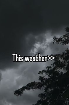 the word this weather is written in white on a dark background with trees and clouds