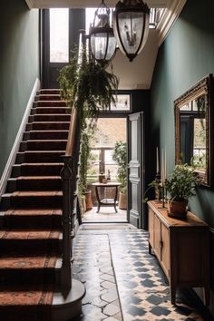 Vintage Style Hallway with Wooden Staircase Green Entryway, Victorian Hallway, Staircase Designs, Hall Ideas, Aesthetic Interior Design, Dark Green Walls, Nails Home, Hallway Inspiration, Interior Design Per La Casa