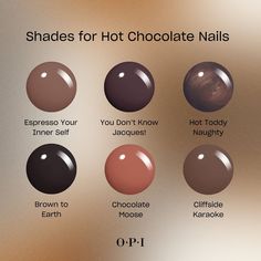 Opi Hot Toddy, Dark Brown Nail Color, Dark Brown Pedicure, Chocolate Nail Color, Short Nail Designs Dark Colors, Opi Dark Colors, Fall Mani Pedi Combos, Dark Chocolate Nails, Hot Chocolate Nails