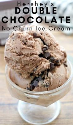 two scoops of chocolate ice cream in a glass dish with text overlay that reads hershey's double chocolate no churn ice cream