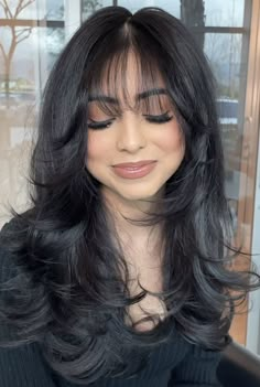 Beautiful Layered Haircuts, Choppy Layers For Medium Hair With Curtain Bangs, Long Black Hair With Layers And Bangs, Long Layers With French Bangs, Layer Haircut With Face Framing, Short Layered Haircuts On Long Hair, Long Black Hair With Layers Round Faces, Round Face Haircuts Long Bangs, A Frame Haircut