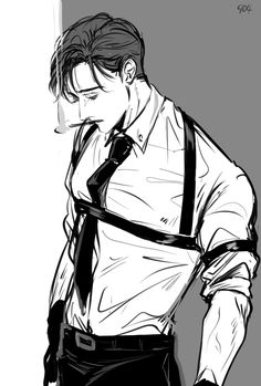 a black and white drawing of a man in suspenders with his hands on his hips