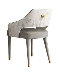 a white and grey chair with gold accents on the arm rests in front of a white background