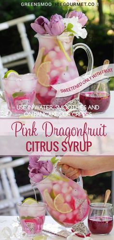 pink dragonfruit citrus syrup is served in pitchers with lemon slices and garnishes