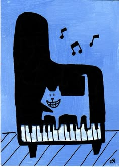 a drawing of a cat sitting on top of a piano