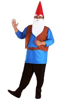 a man in a blue and brown gnome costume